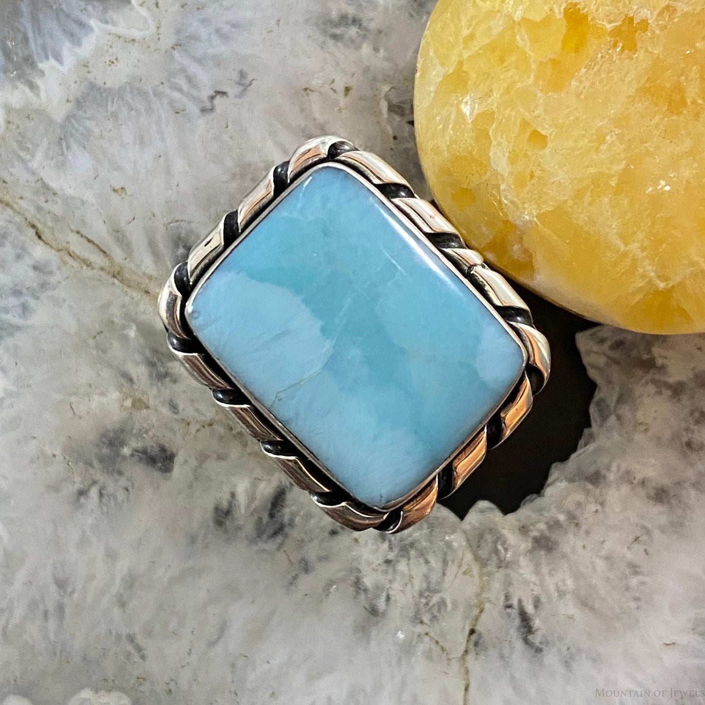 Native American Sterling Silver Larimar Rectangle Bar Ring Size 8.5 For Women