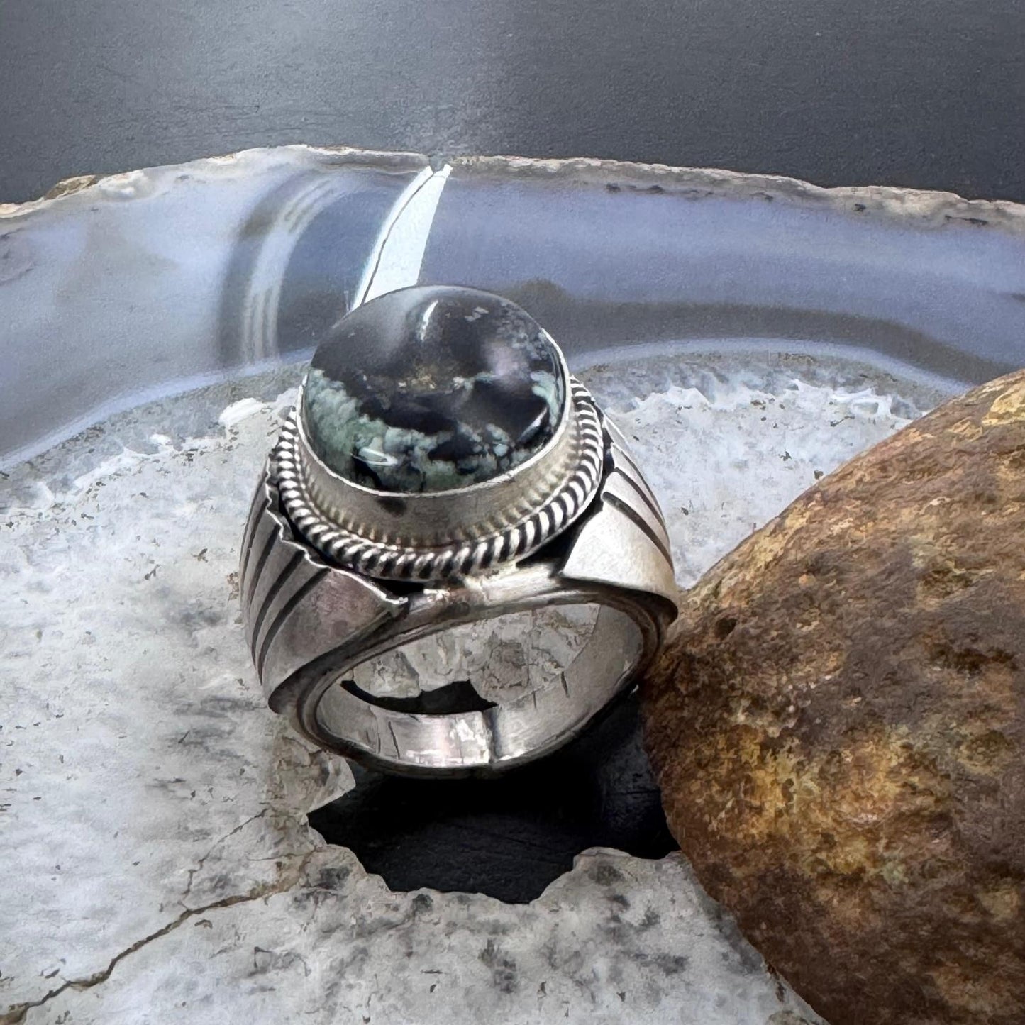 Native American Sterling Oval Black Jack Shield Ring Size 11 For Men