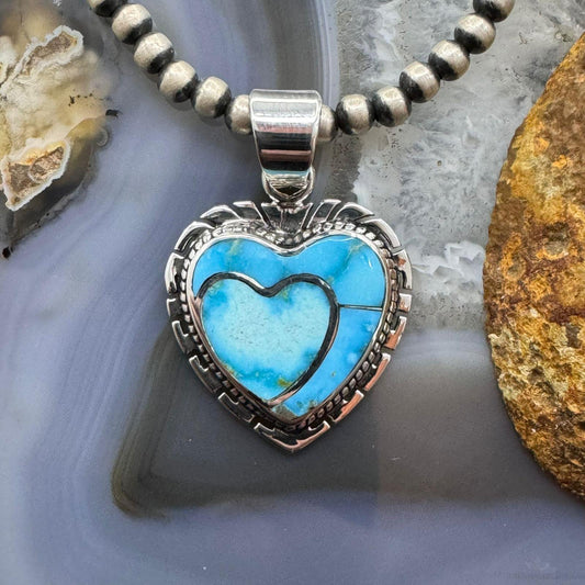 Native American Sterling Silver Blue Ridge Turquoise Double Heart Pendant For Women #3