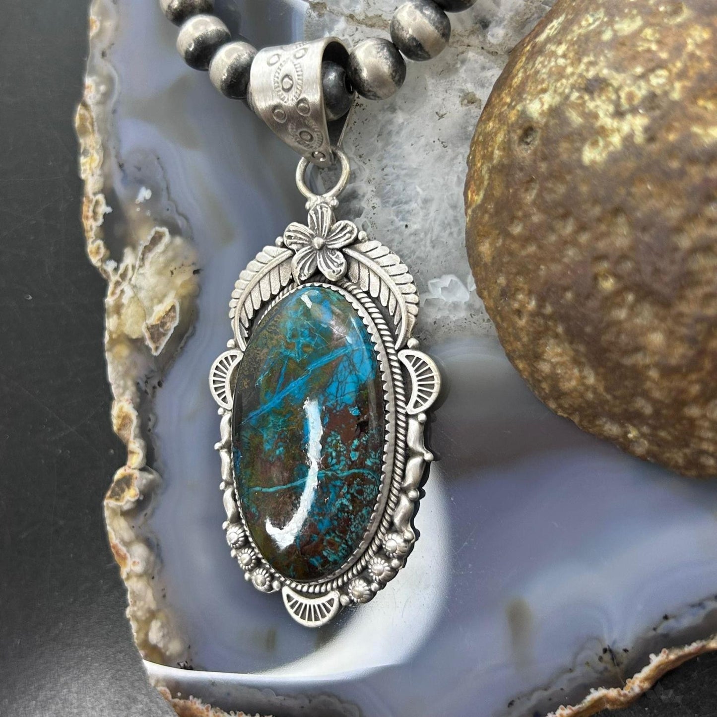 Sterling Silver Southwestern Style Large Oval Shattuckite Pendant For Women