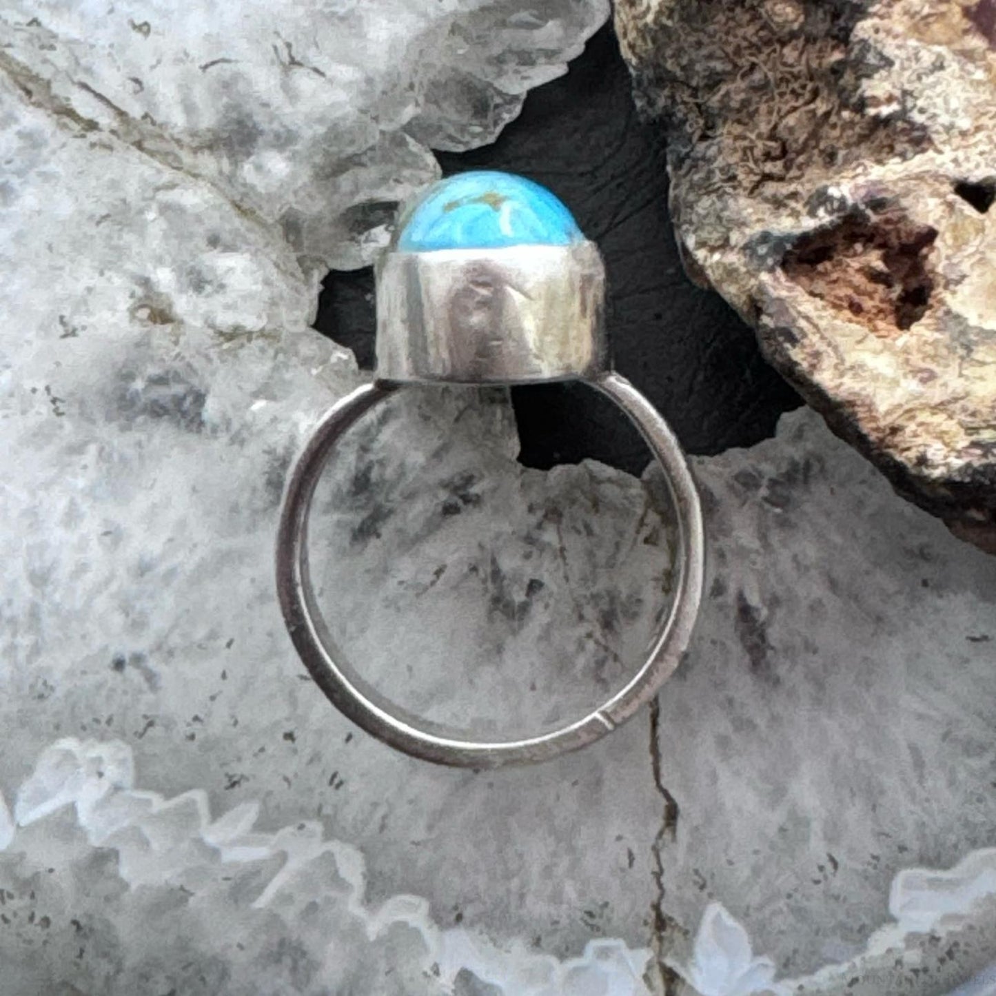 Native American Sterling Silver Elongated Turquoise Ring Size 6.25 For Women