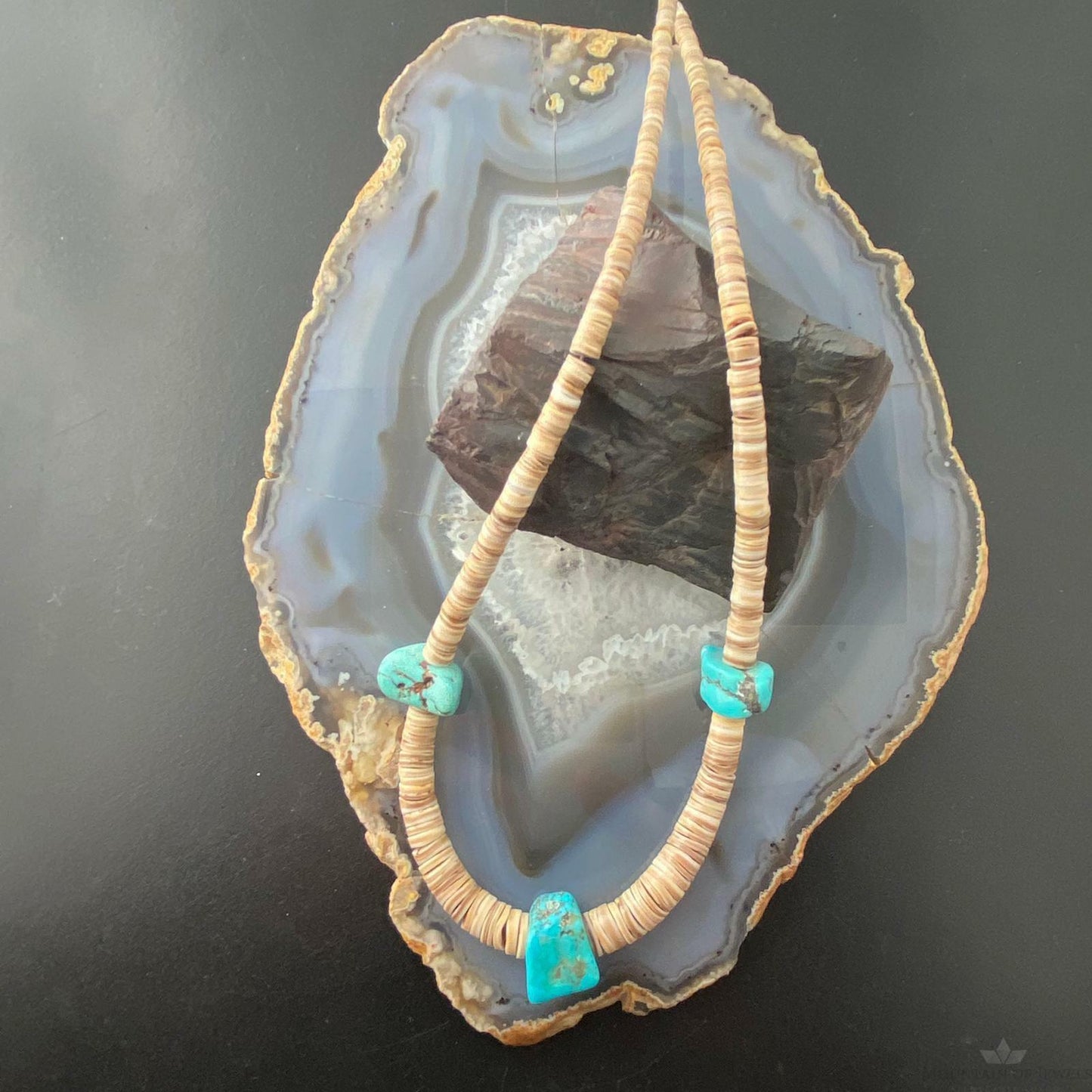Vintage Native American Heishi Sea Shell Disk and Chunky Turquoise Necklace