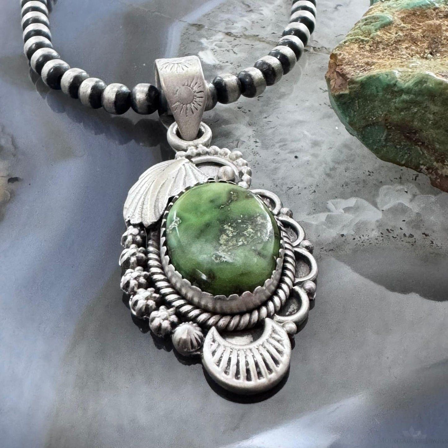 Sterling Silver Southwestern Style Oval Green Sonora Gold Turquoise Pendant For Women