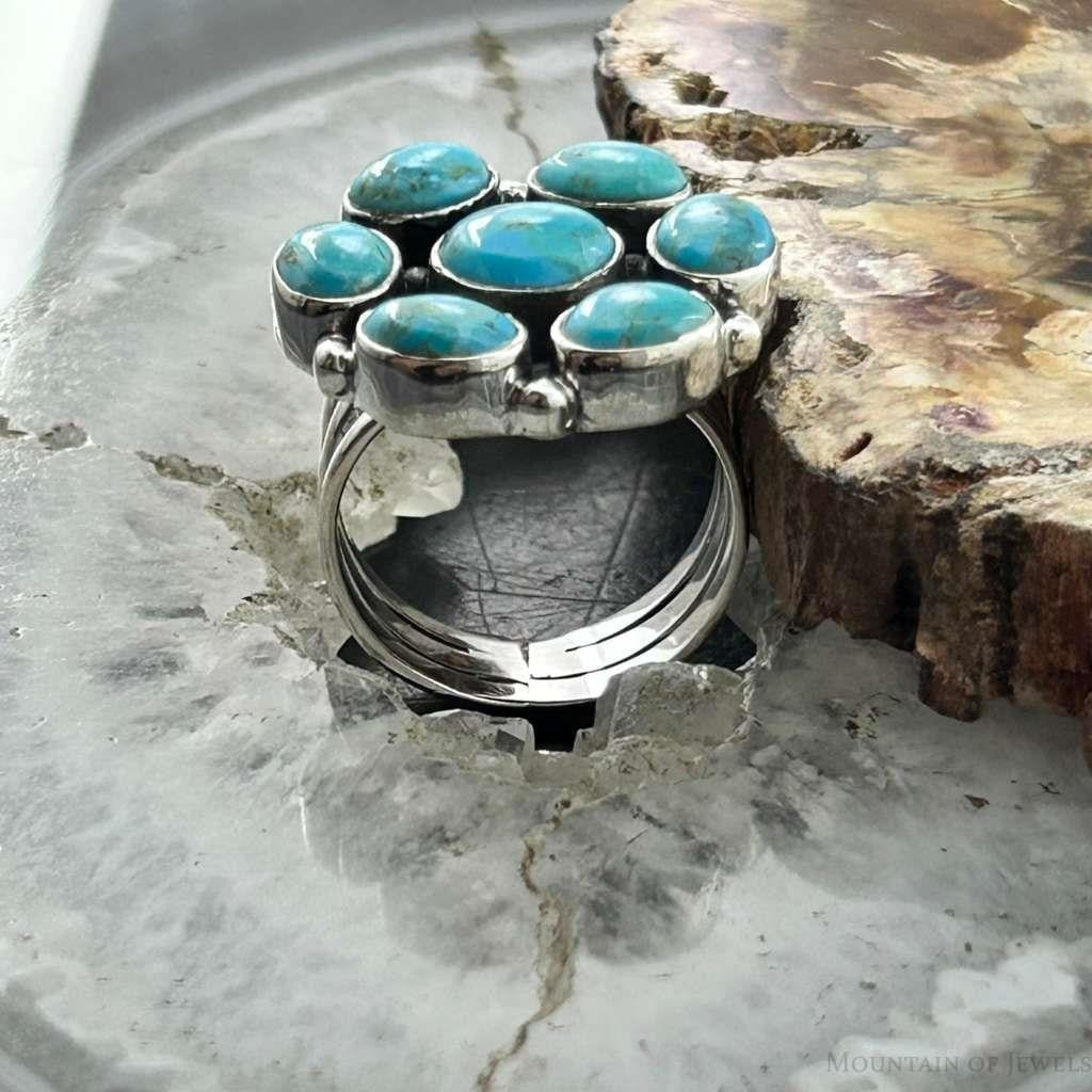 Sterling Silver Southwestern Style Mohave Turquoise Cluster Ring Size 7.5 For Women