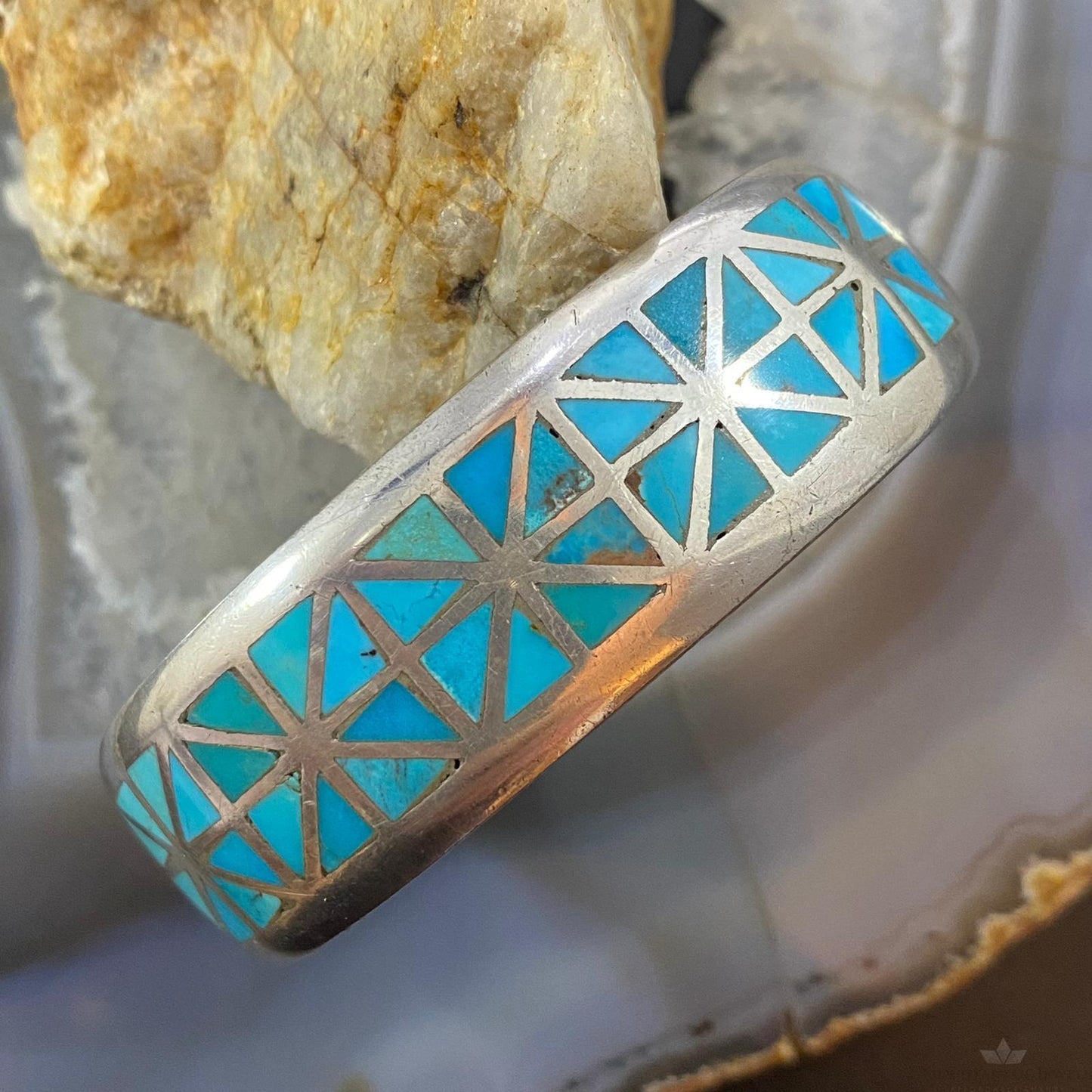 Vintage Native American Silver Geometric Turquoise Inlay Bracelet For Women