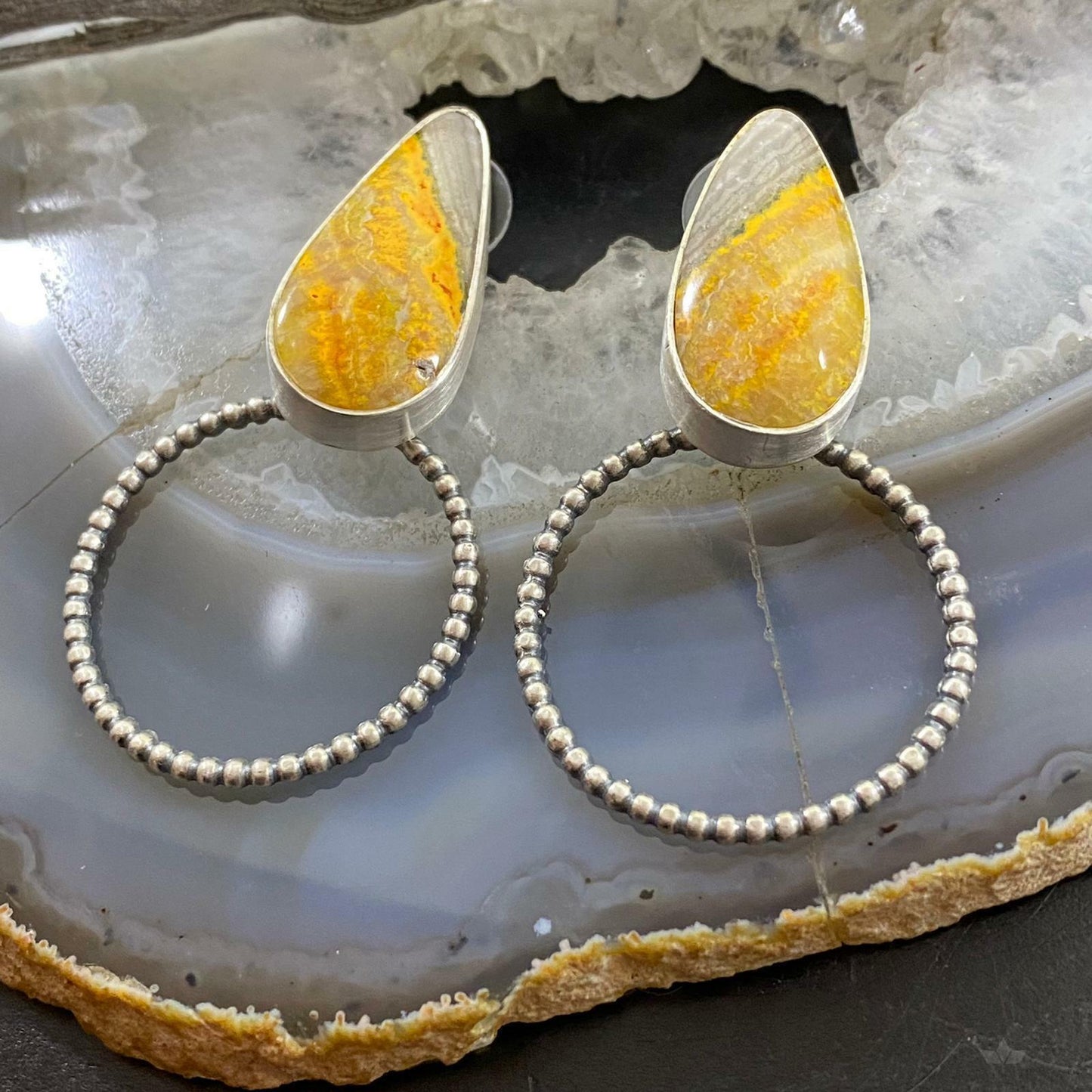 Sterling Silver Bumblebee Jasper w/ Hoop Post Earrings For Women
