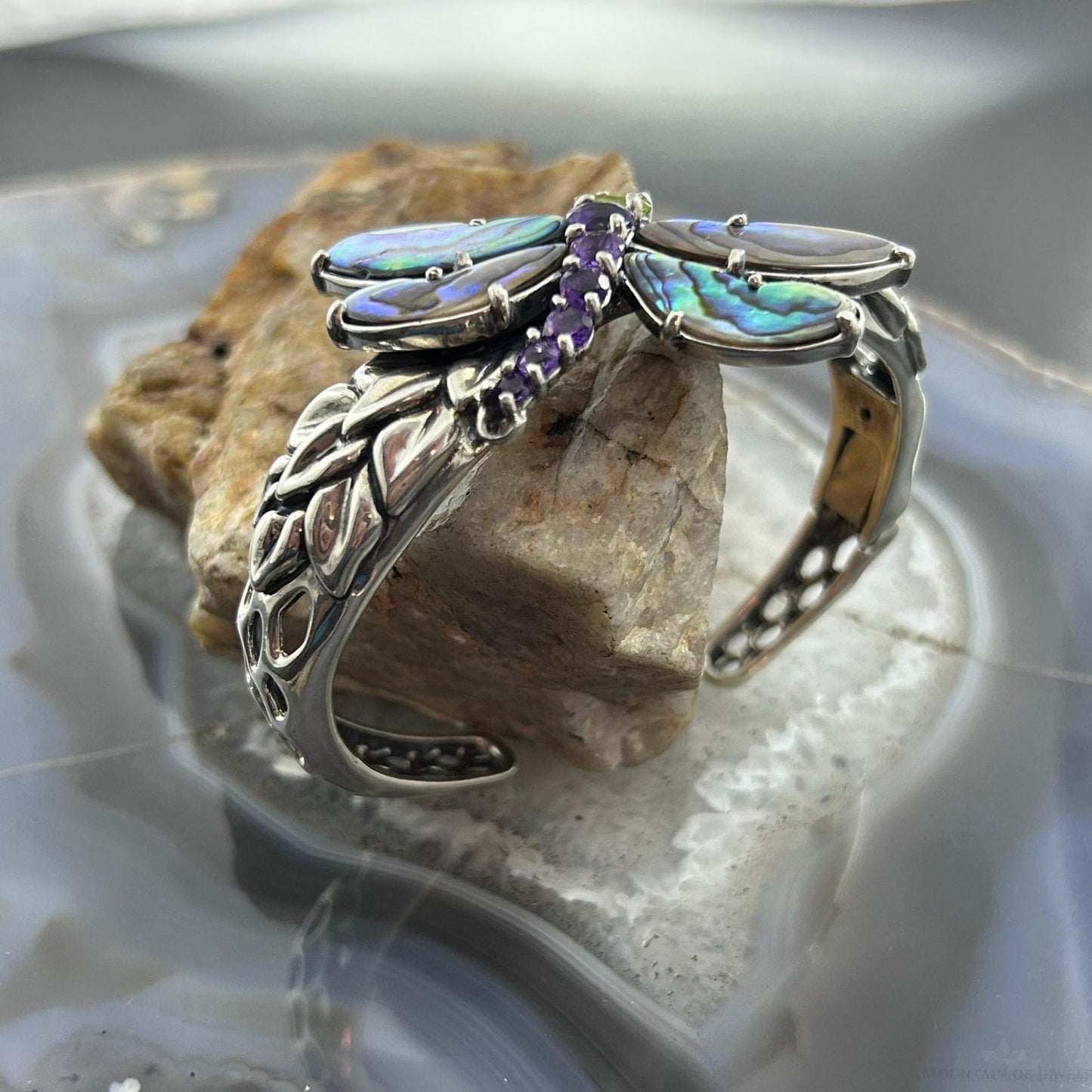 Carolyn Pollack Sterling Silver Multi Gemstone Dragonfly Decorated Hinged Cuff Bracelet