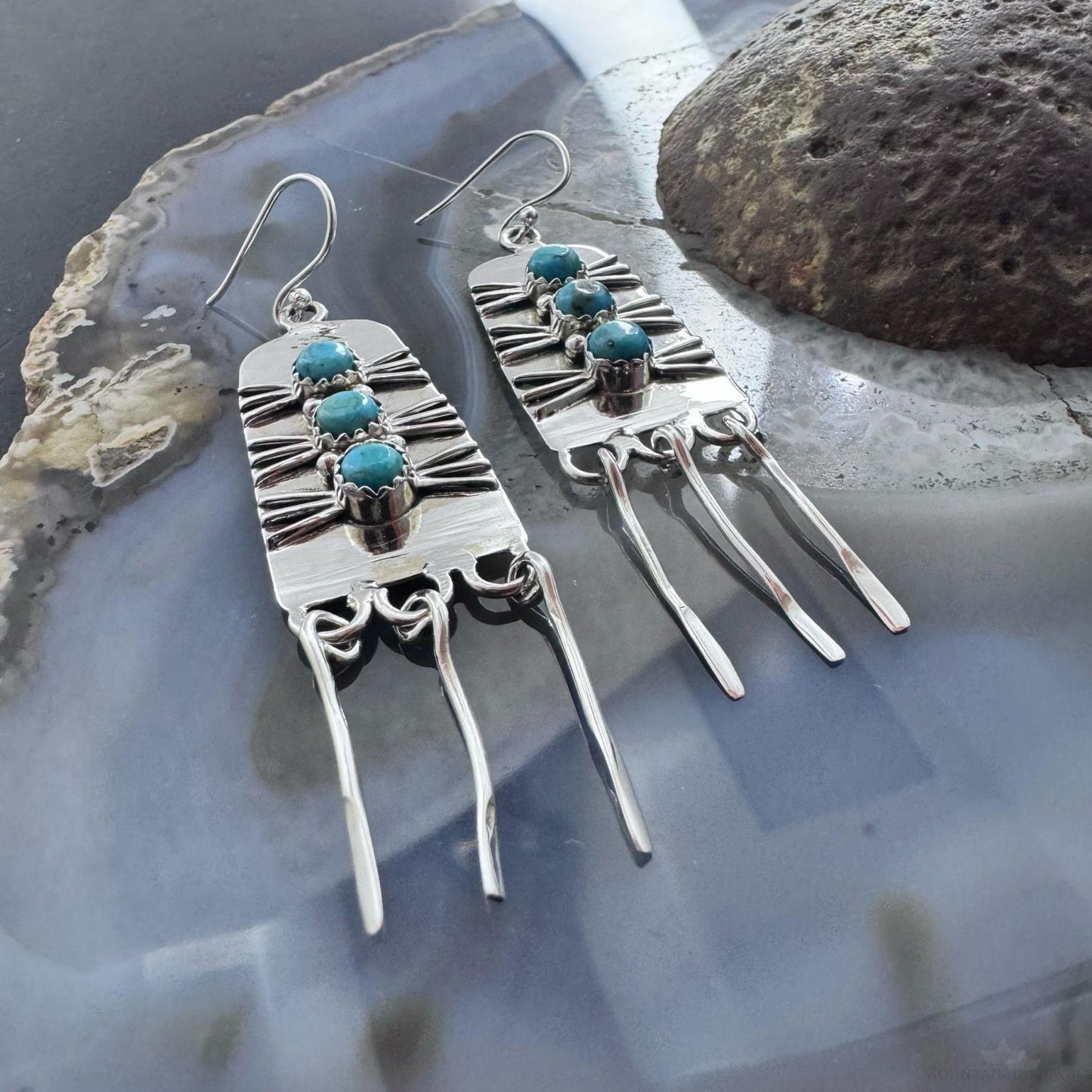 Sterling Silver Southwestern Style 3 Rounded Turquoise Tassel Dangle Earrings For Women