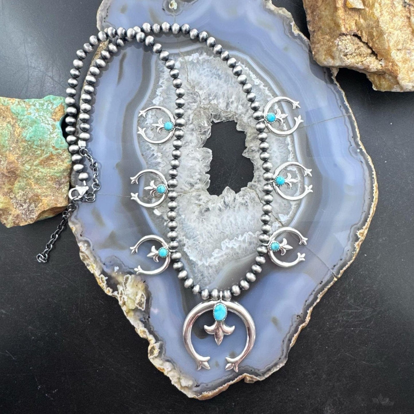 Sterling Silver Southwestern Style Naja w/Turquoise Squash Blossom 20" - 22" Necklace For Women