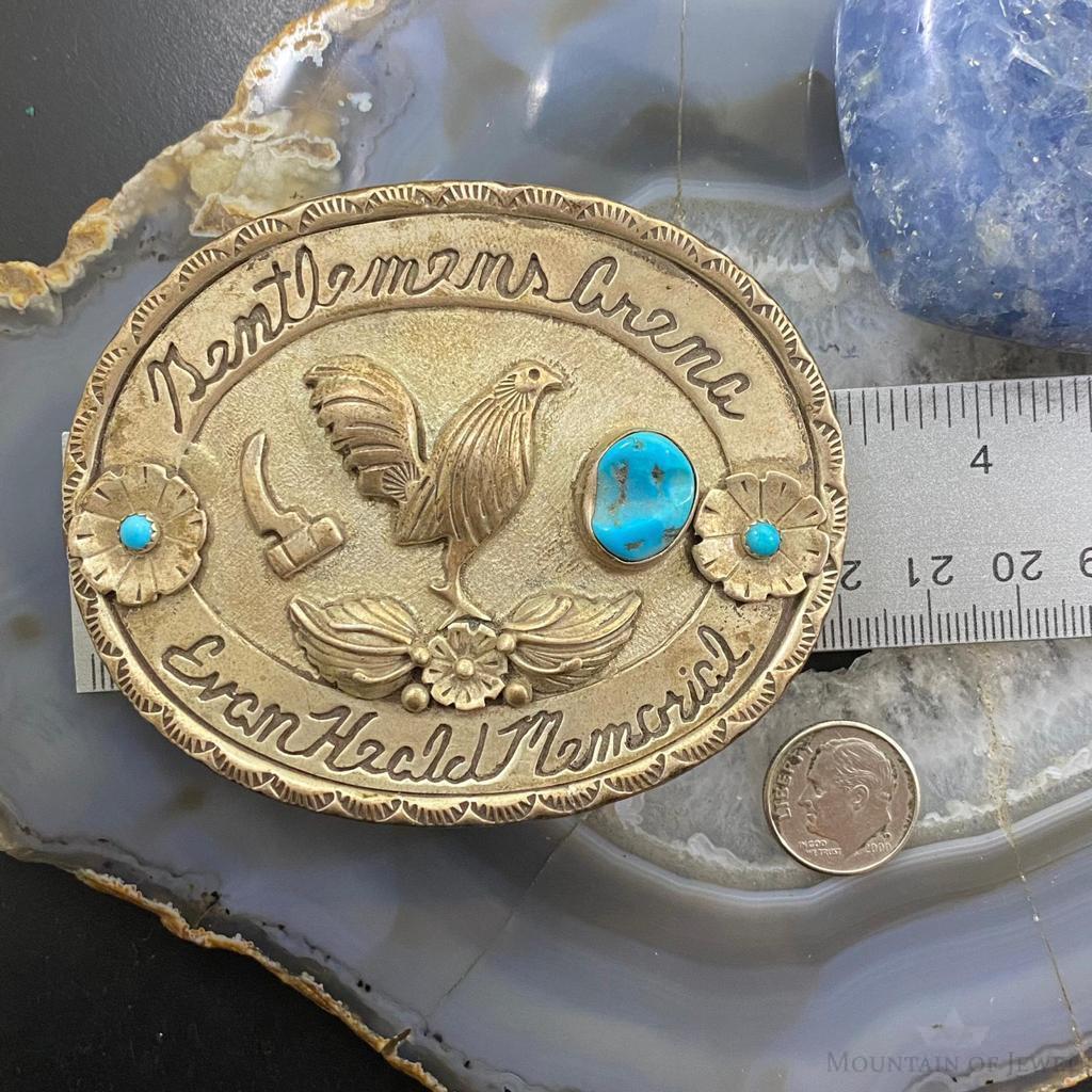 Sterling Silver Turquoise & Chicken Decorated Gentlemen's Arena Belt Buckle