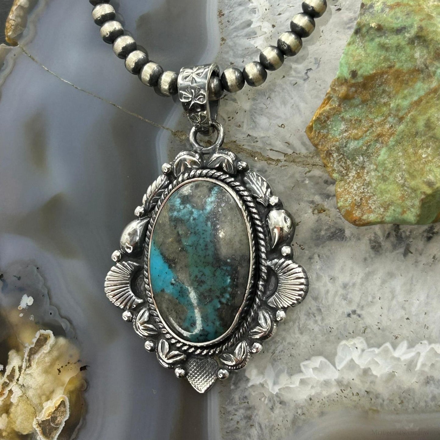 Sterling Silver Southwestern Style Oval Turquoise Decorated Pendant For Women #4
