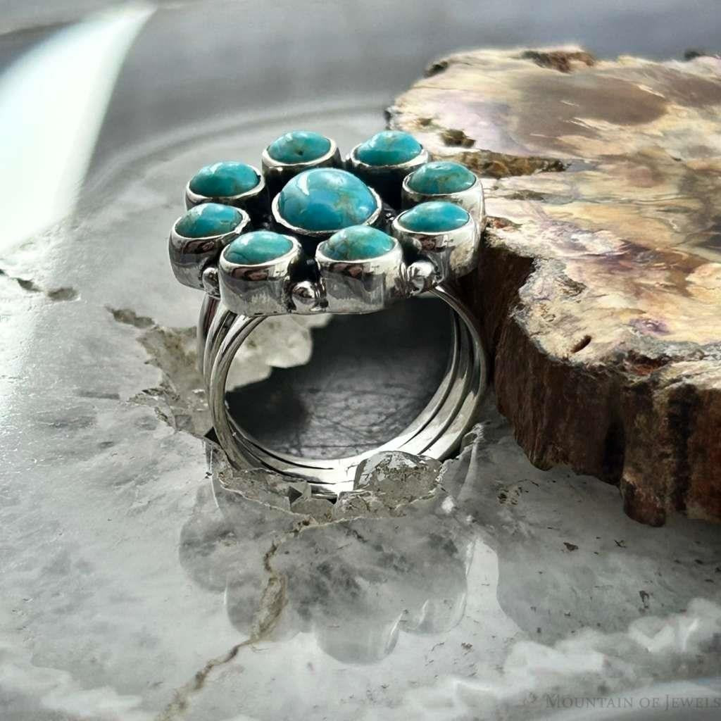 Sterling Silver Southwestern Style Mohave Turquoise Cluster Ring Size 7.5 For Women