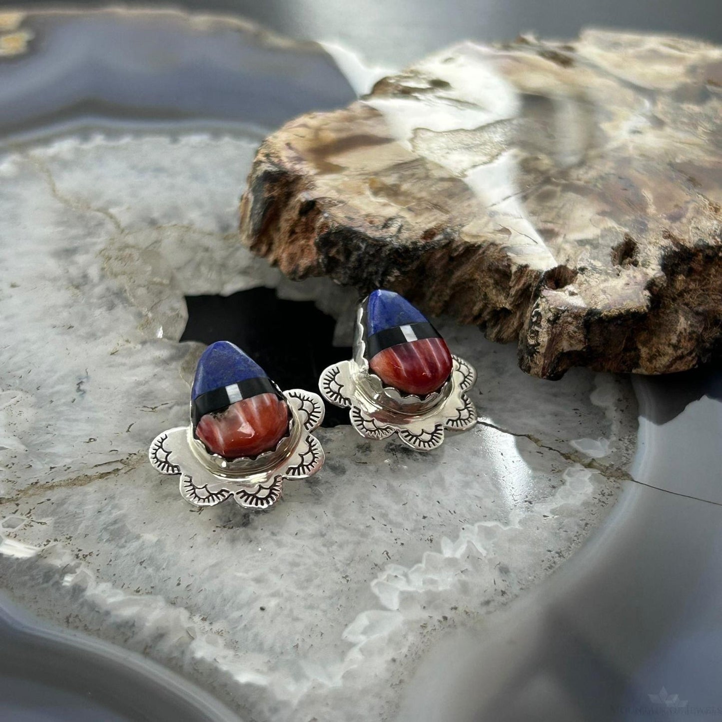 Clifton Aguilar Sterling Silver Teardrop Multistone Inlay Stud Earrings For Women