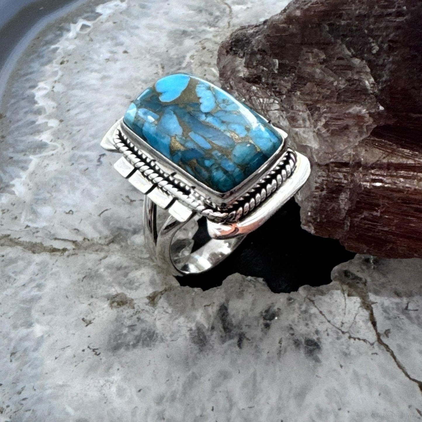 Sterling Silver Southwestern Style Blue Copper Turquoise Bar Ring Size 8 For Women