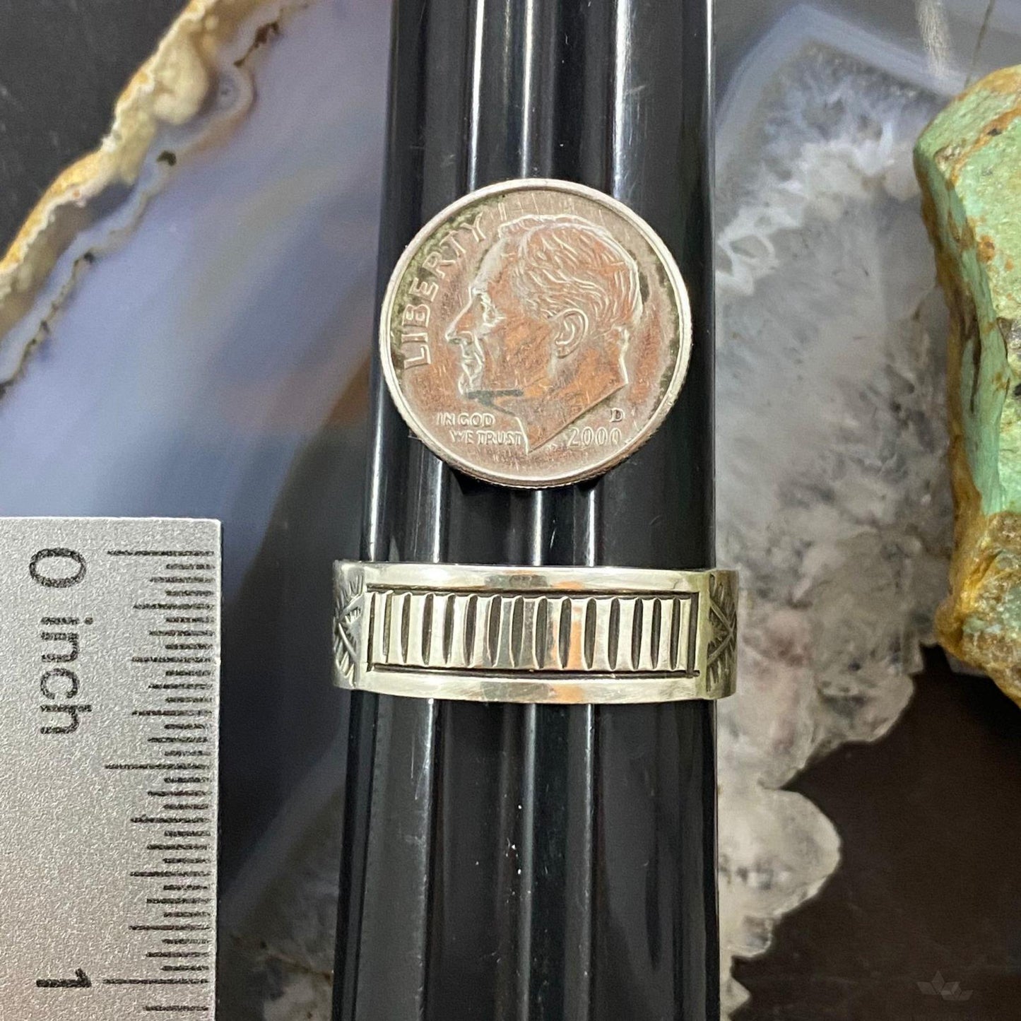 Native American Sterling Silver Decorated Overlay Band Ring Size 12.5 For Men