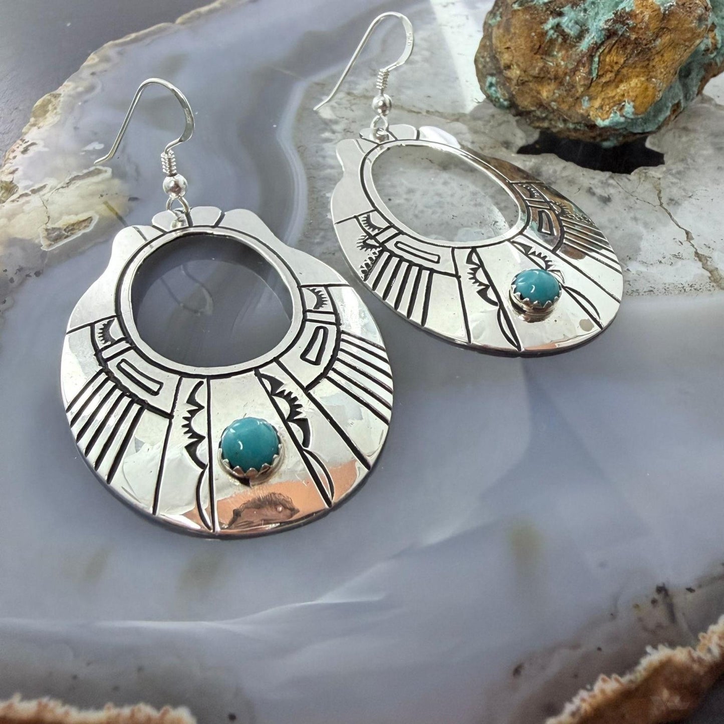 Tommy & Rosita Singer Sterling Silver Dot Turquoise Engraved Dangle Earrings For Women