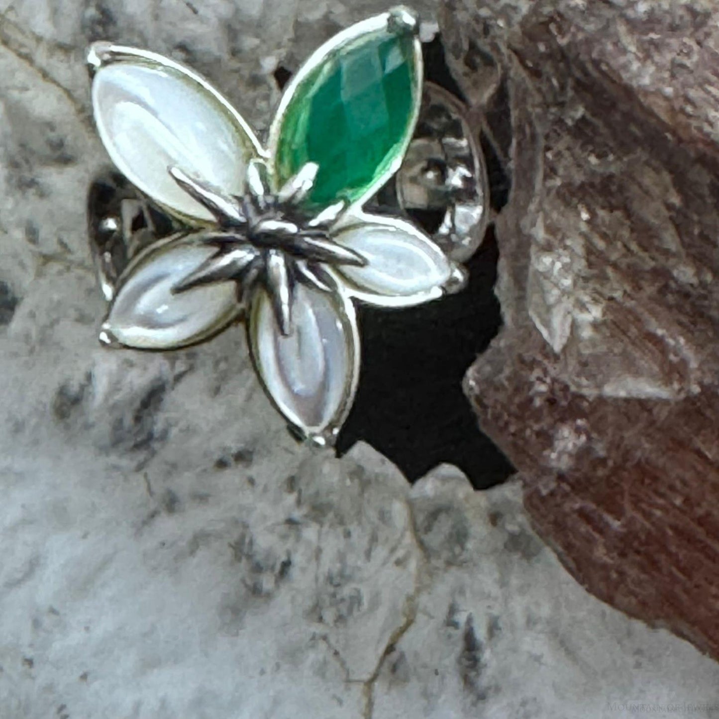 Carolyn Pollack Sterling Silver Moonstone & Emerald Decorated Flower Ring For Women