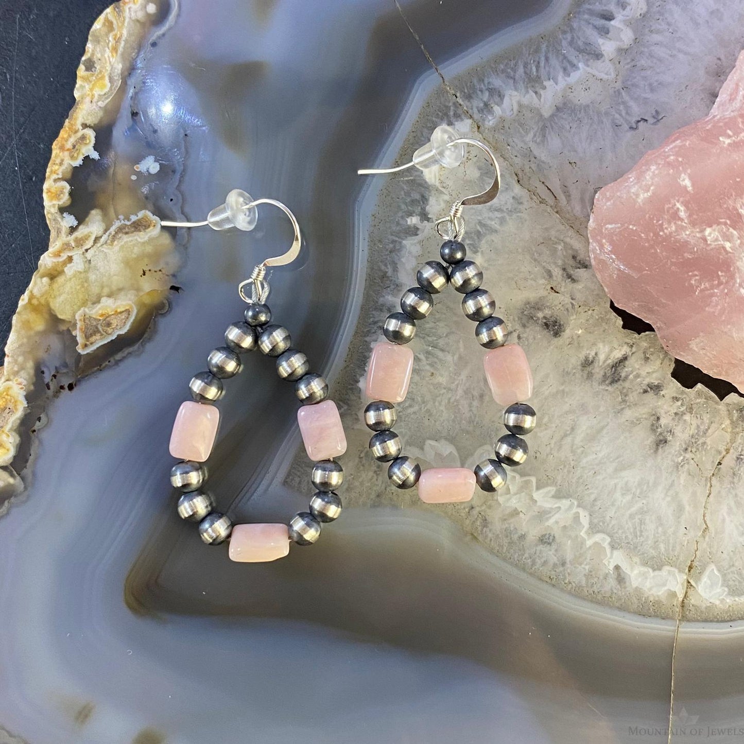 Navajo Pearl Beads & Peruvian Opal 4mm Sterling Silver Hoop Dangle Earrings