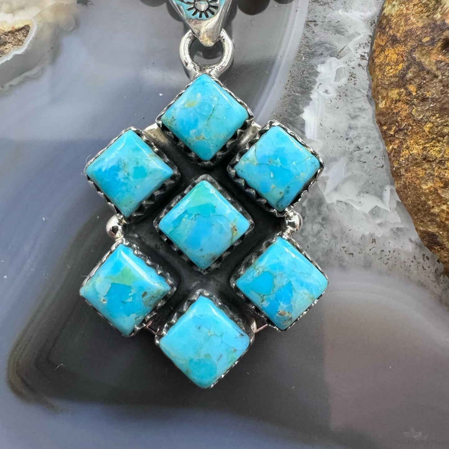 Sterling Silver Southwestern Style 7 SquareTurquoise Pendant For Women