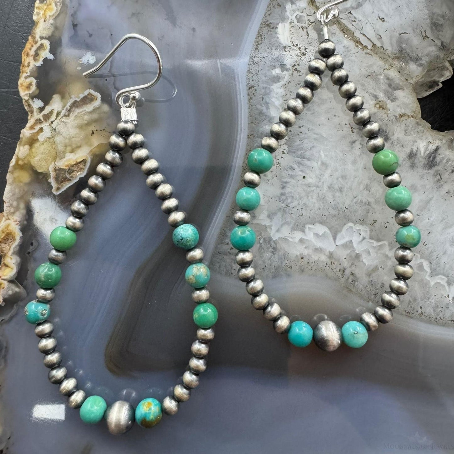 Sterling Silver 3-5mm Navajo Pearl Southwester Style & 4.5mm Turquoise Bead Hoop Earrings For Women