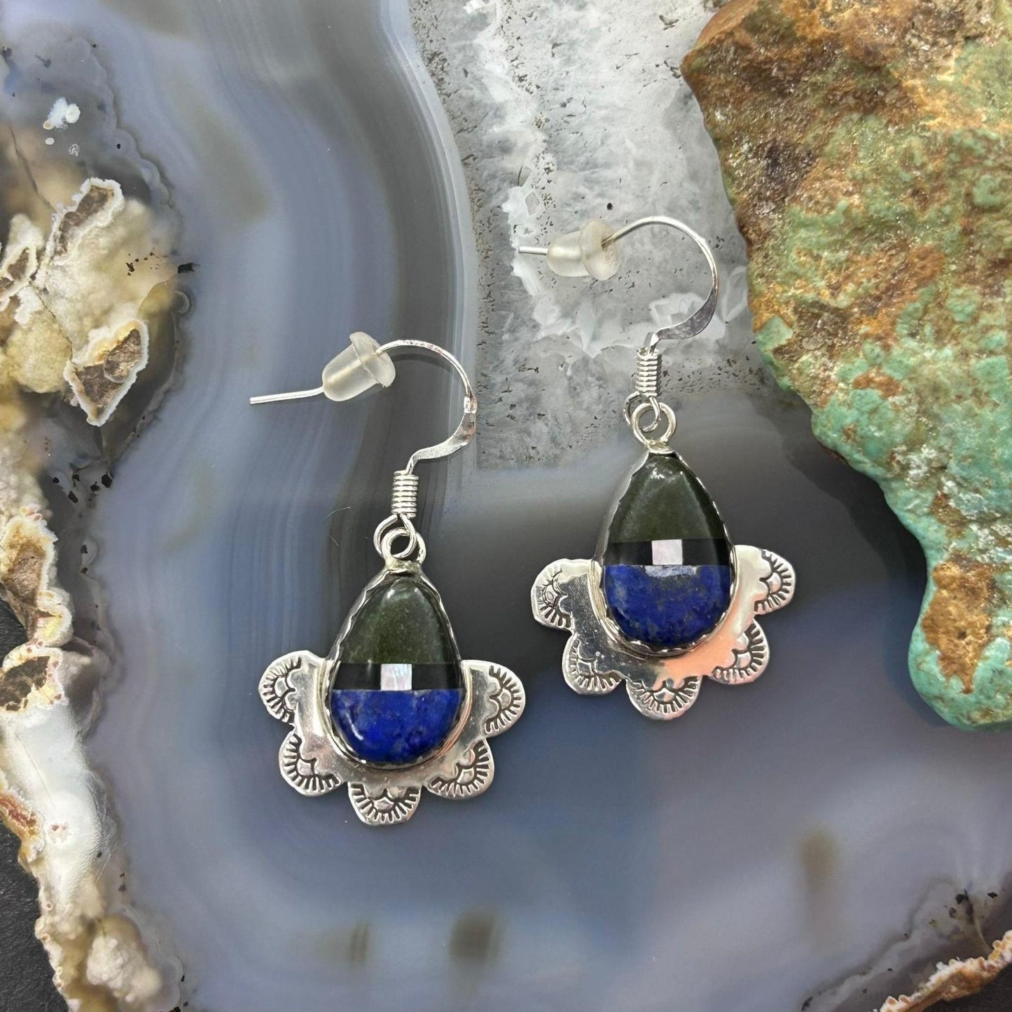 Clifton Aguilar Sterling Silver Teardrop Multistone Inlay Dangle Earrings For Women #1