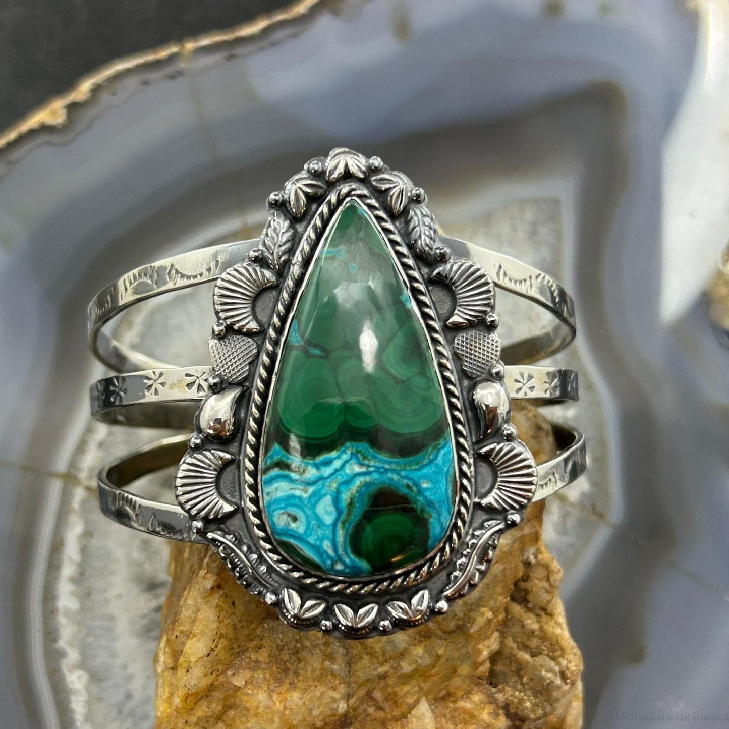 Sterling Silver Southwestern Style Elongated Teardrop Malachite Azurite Bracelet For Women
