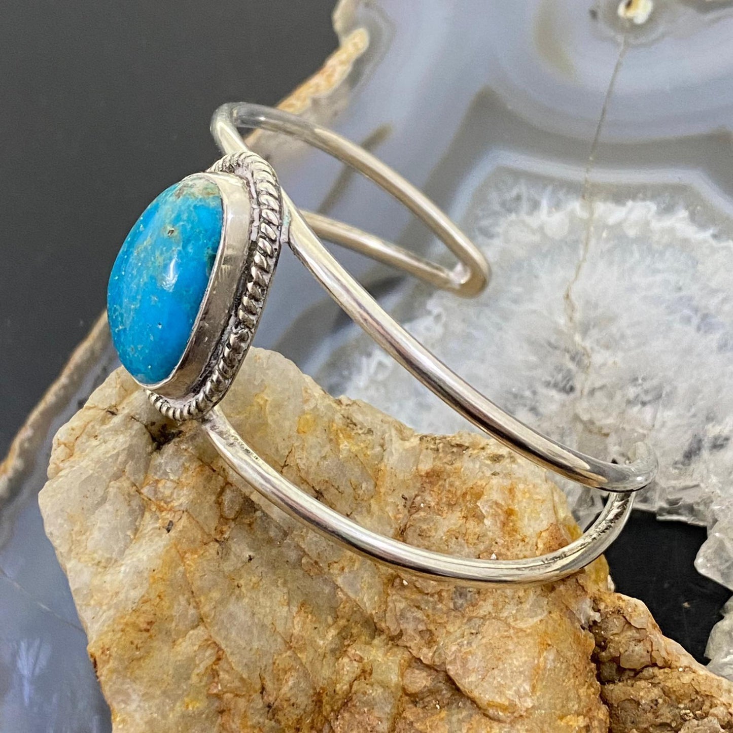 Vintage Native American Silver Turquoise Split Shank Bracelet For Women