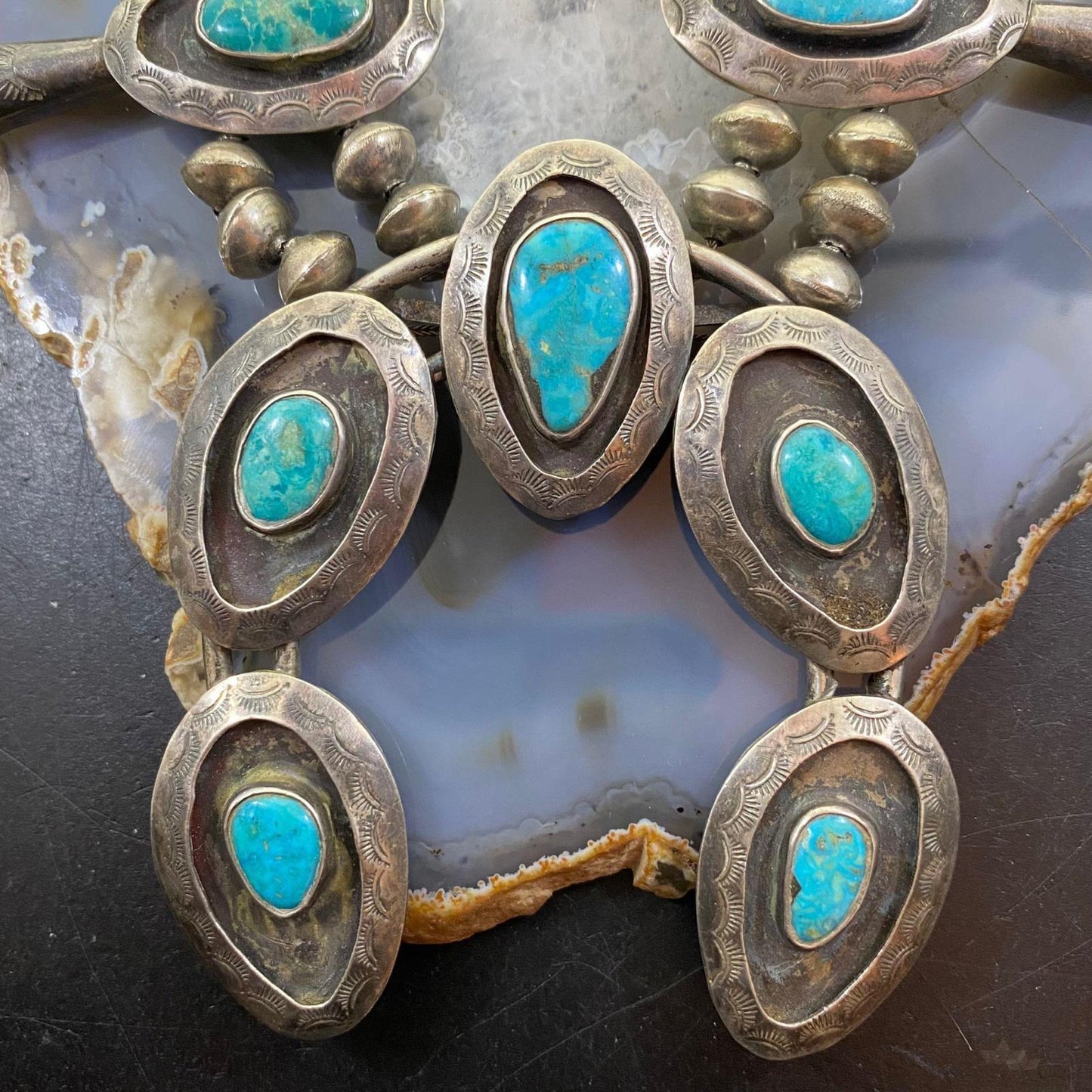 Antique Native American Silver Turquoise Shadow Box Squash Blossom Necklace 28"