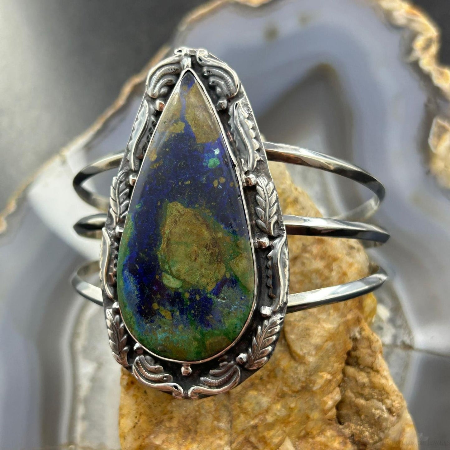 Sterling Silver Southwestern Style Large Teardrop Azurite Malachite Bracelet For Women