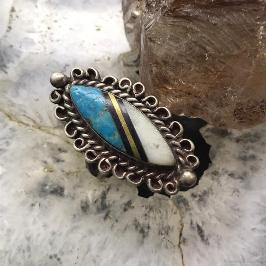 Vintage Native American Silver Marquise Multi Gemstone Inlay Ring Size 6.5 For Women