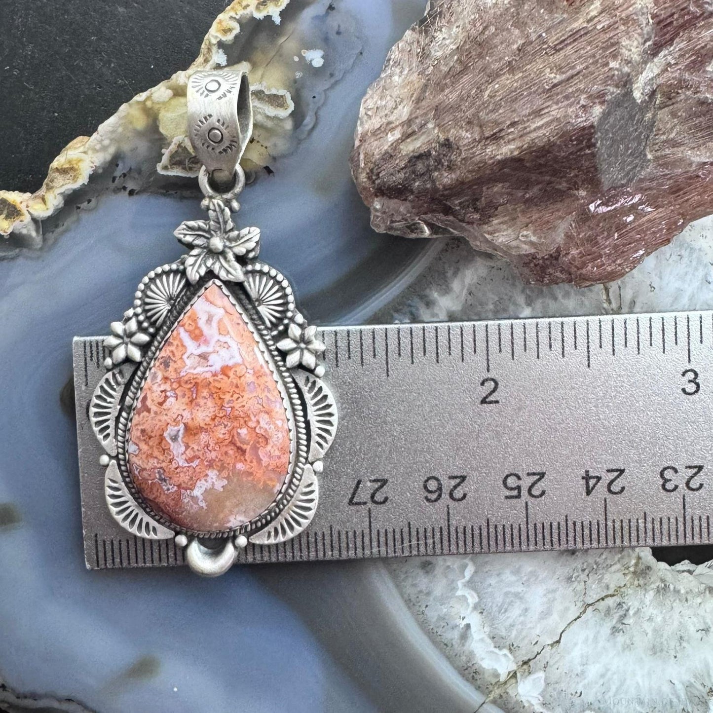Sterling Silver Southwestern Style Teardrop Red Plum Decorated Pendant For Women