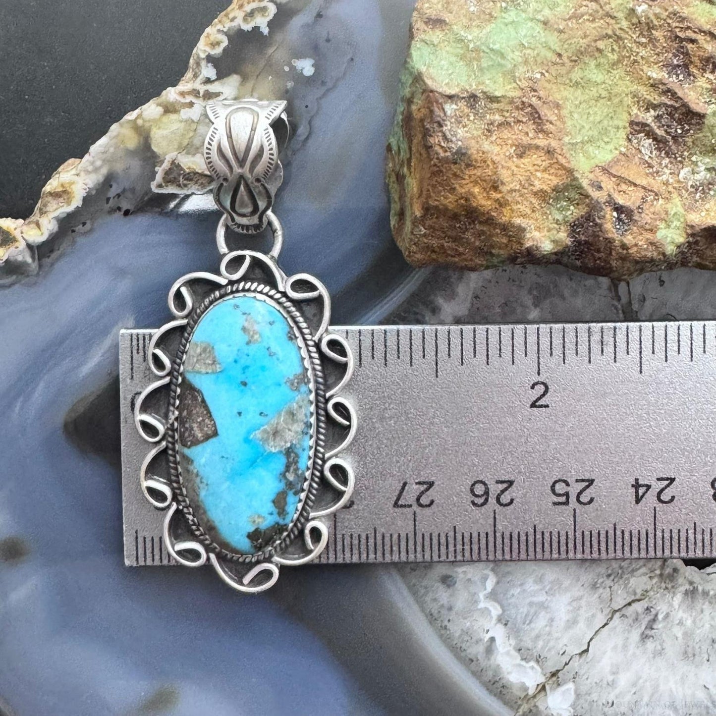 Sterling Silver Southwestern Style Elongated Oval Matrix Turquoise Pendant For Women
