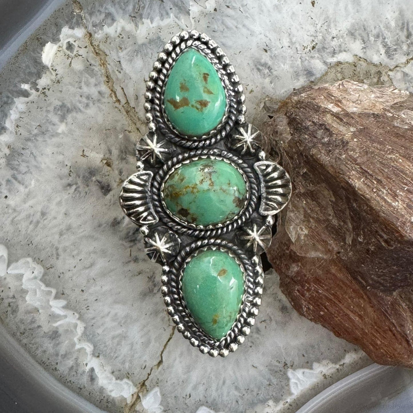 Sterling Silver Southwestern Style Oval & Teardrop Turquoise Adjustable Ring For Women