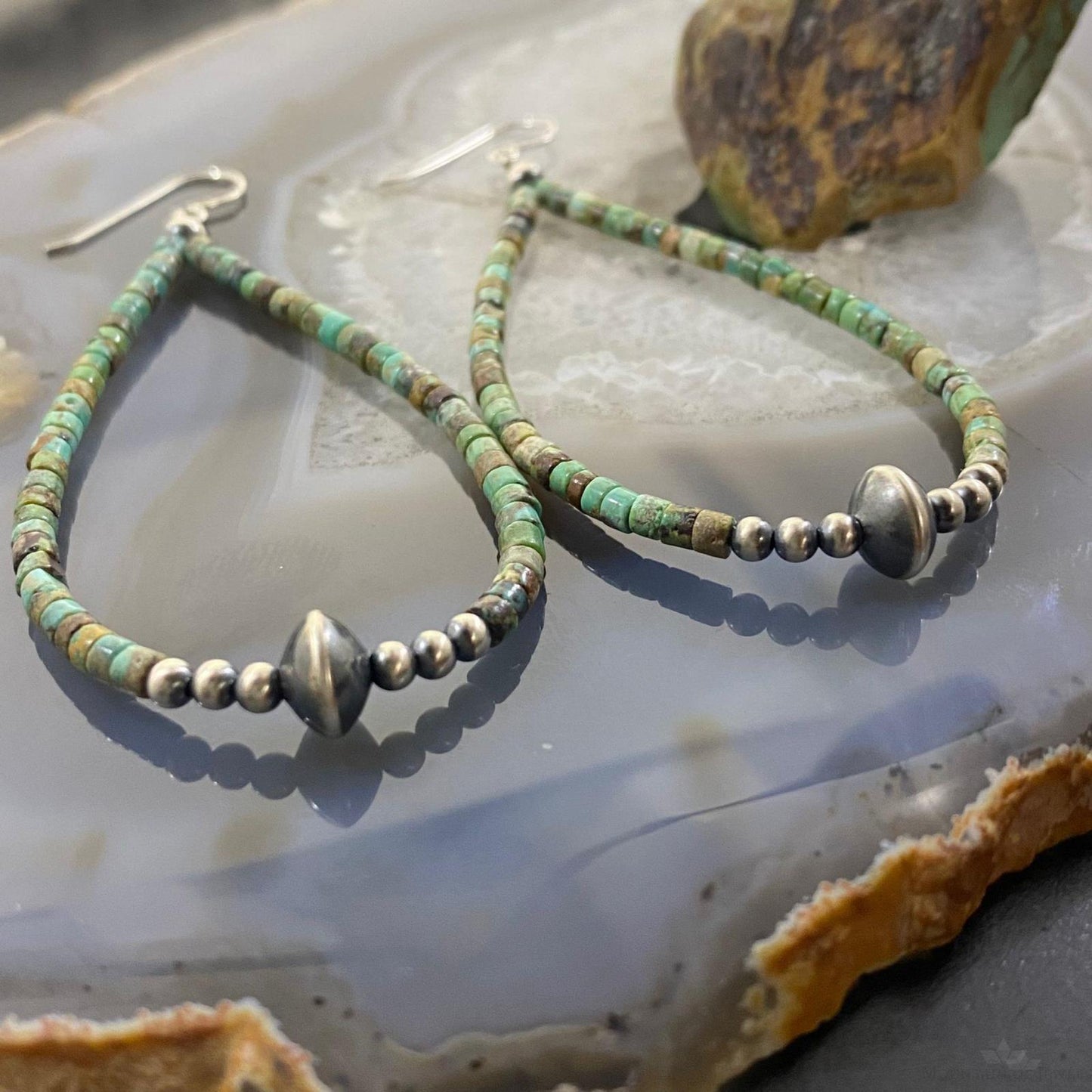 Sterling Silver Green Turquoise Beads & Navajo Pearl Beads Hoop Dangle Earrings