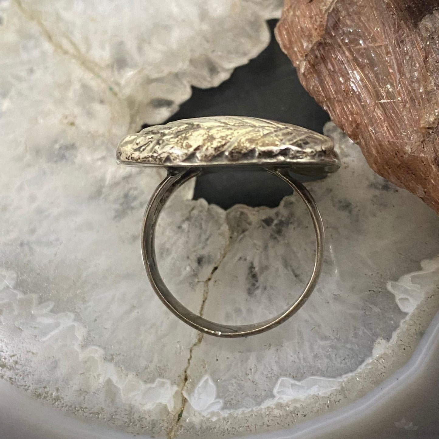 Vintage Sterling Silver Rhodochrosite with Leaves Ring Size 8.25 For Women