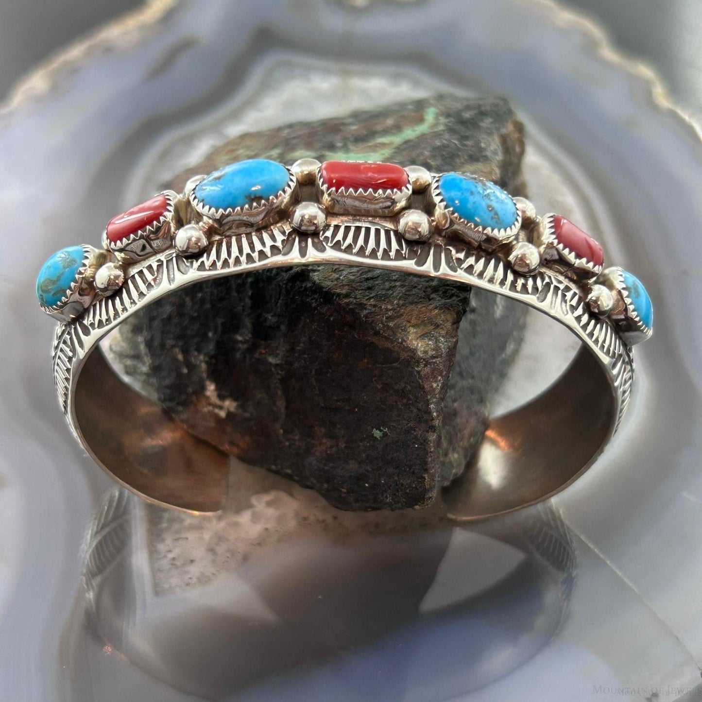 Grace Silver Native Americn Sterling Silver Turquoise & Coral Row Bracelet For Women