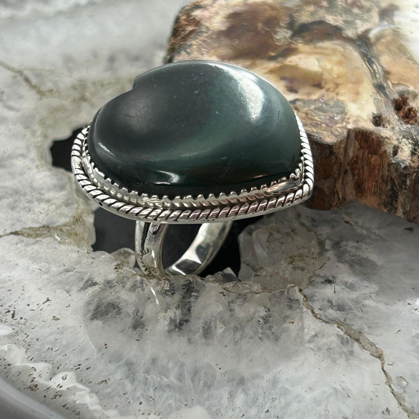 Sterling Silver Southwestern Style Malachite Heart Shape Ring Size 6 For Women