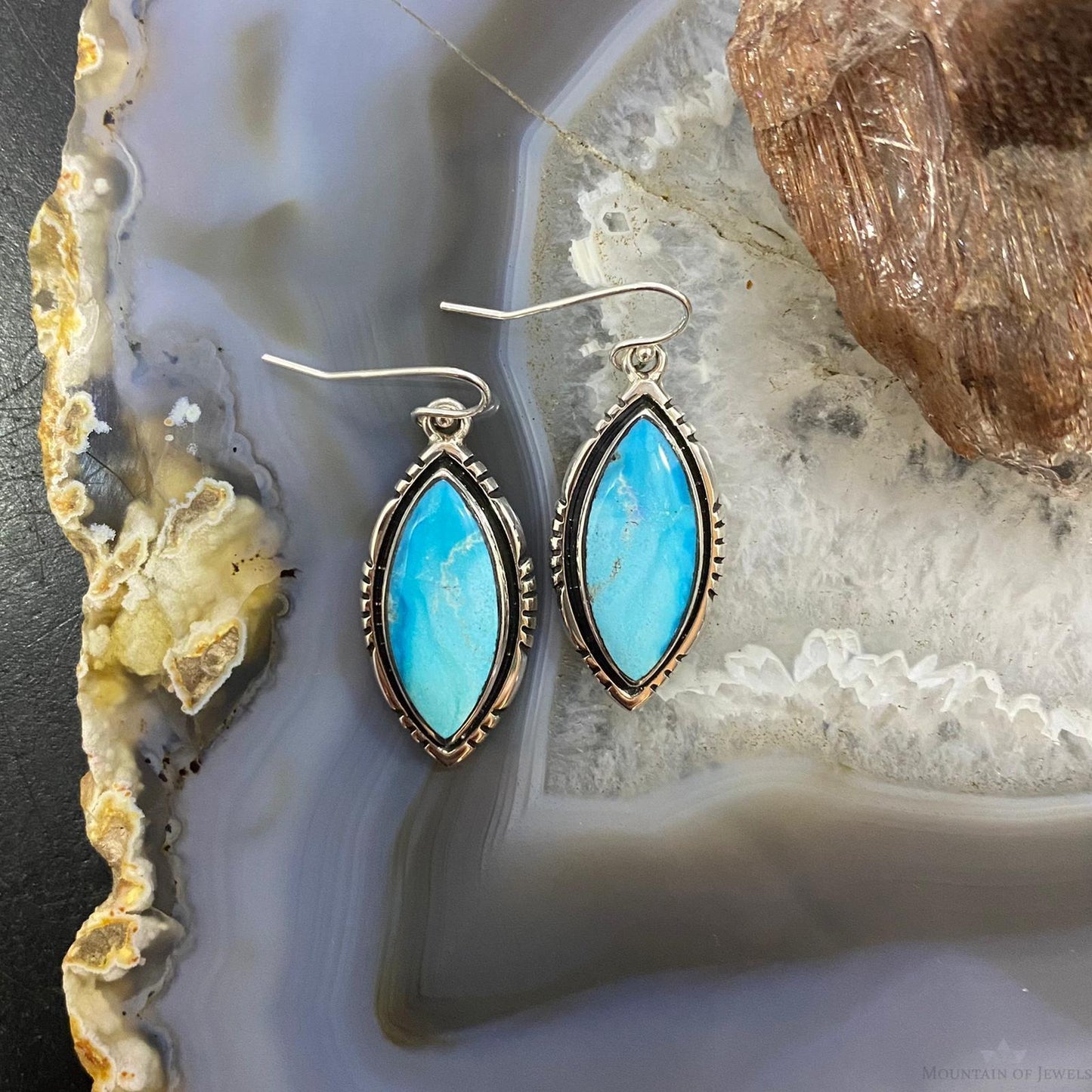 Native American Sterling Silver Marquise Blue Ridge Turquoise Dangle Earrings For Women #1