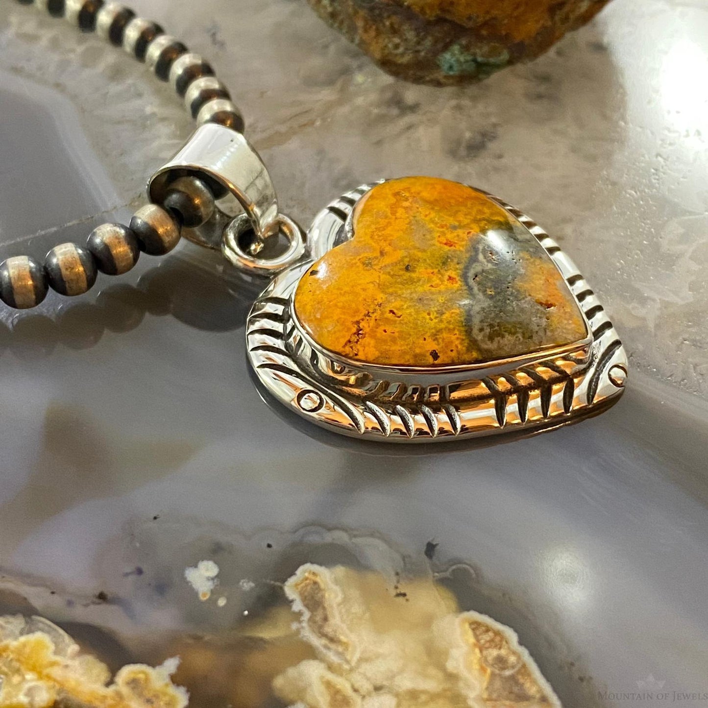 Native American Sterling Silver Heart Shape Bumblebee Jasper Pendant For Women