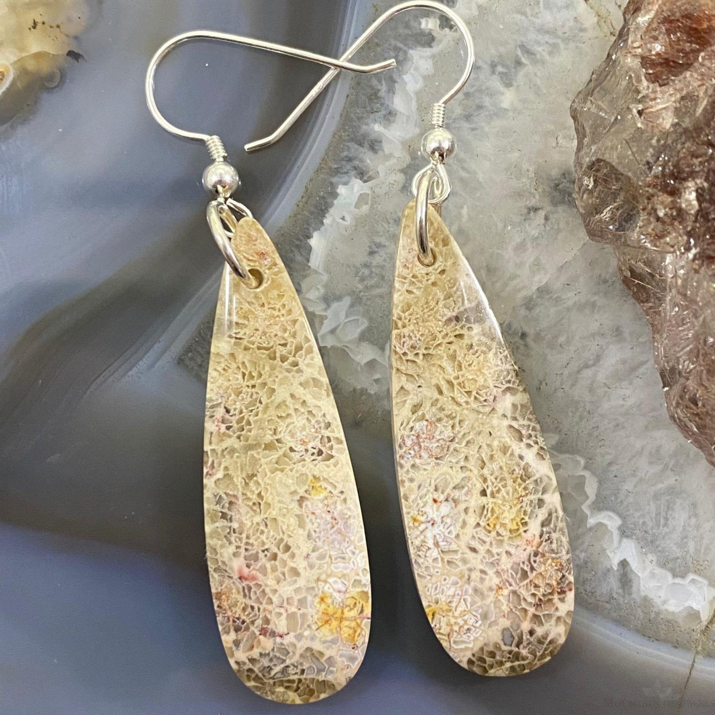Sterling Silver Teardrop Fossilized Coral Slab Dangle Earrings For Women #091