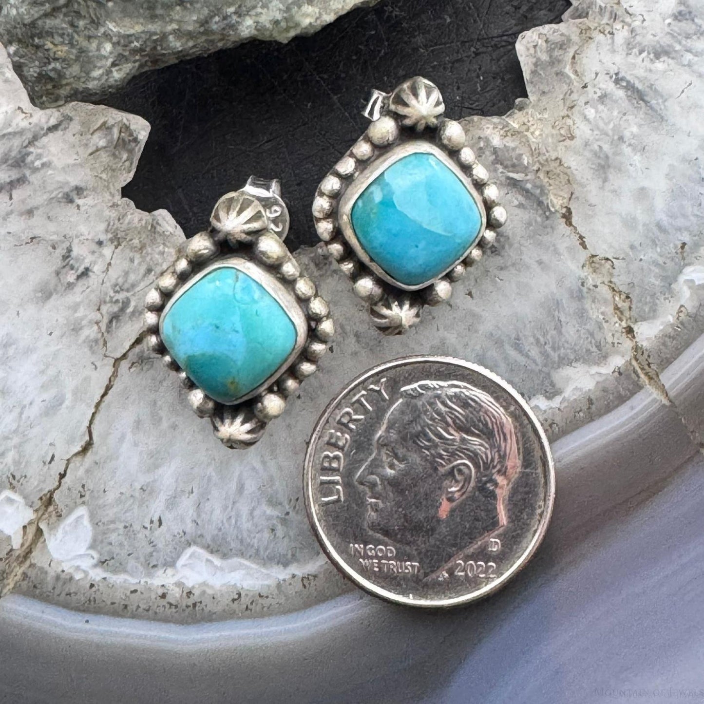 Sterling Silver Southwestern Style Square Turquoise Stud Earrings For Women