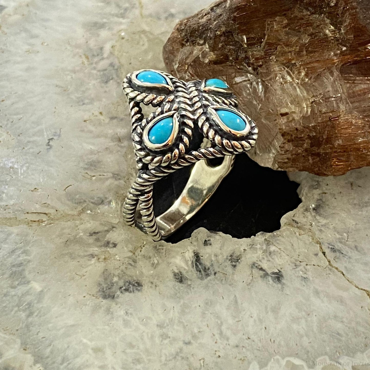 Carolyn Pollack Southwestern Style Sterling Silver 4 Sleeping Beauty Turquoise Decorated Cluster Ring For Women