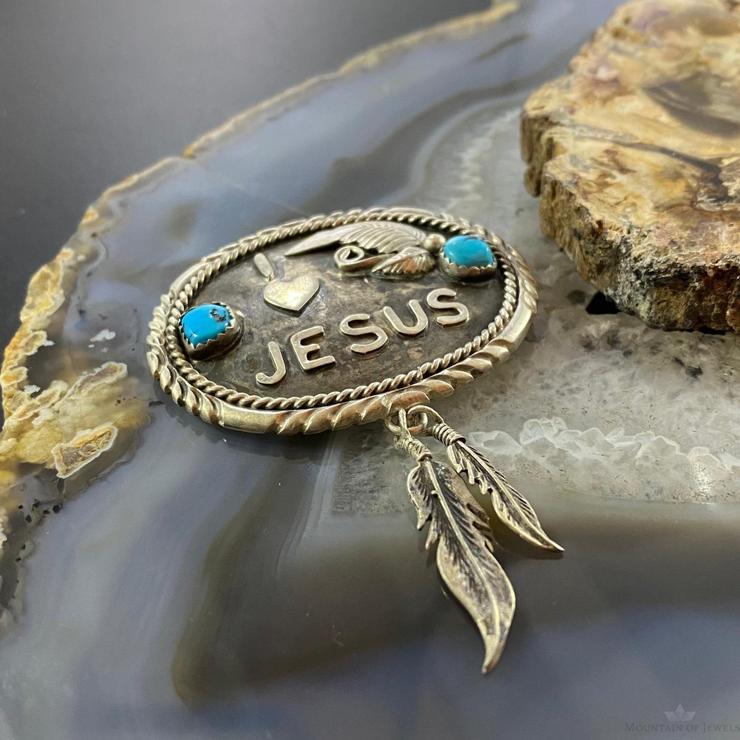 Vintage Signed Native American Sterling Silver Turquoise "I Love Jesus" Brooch