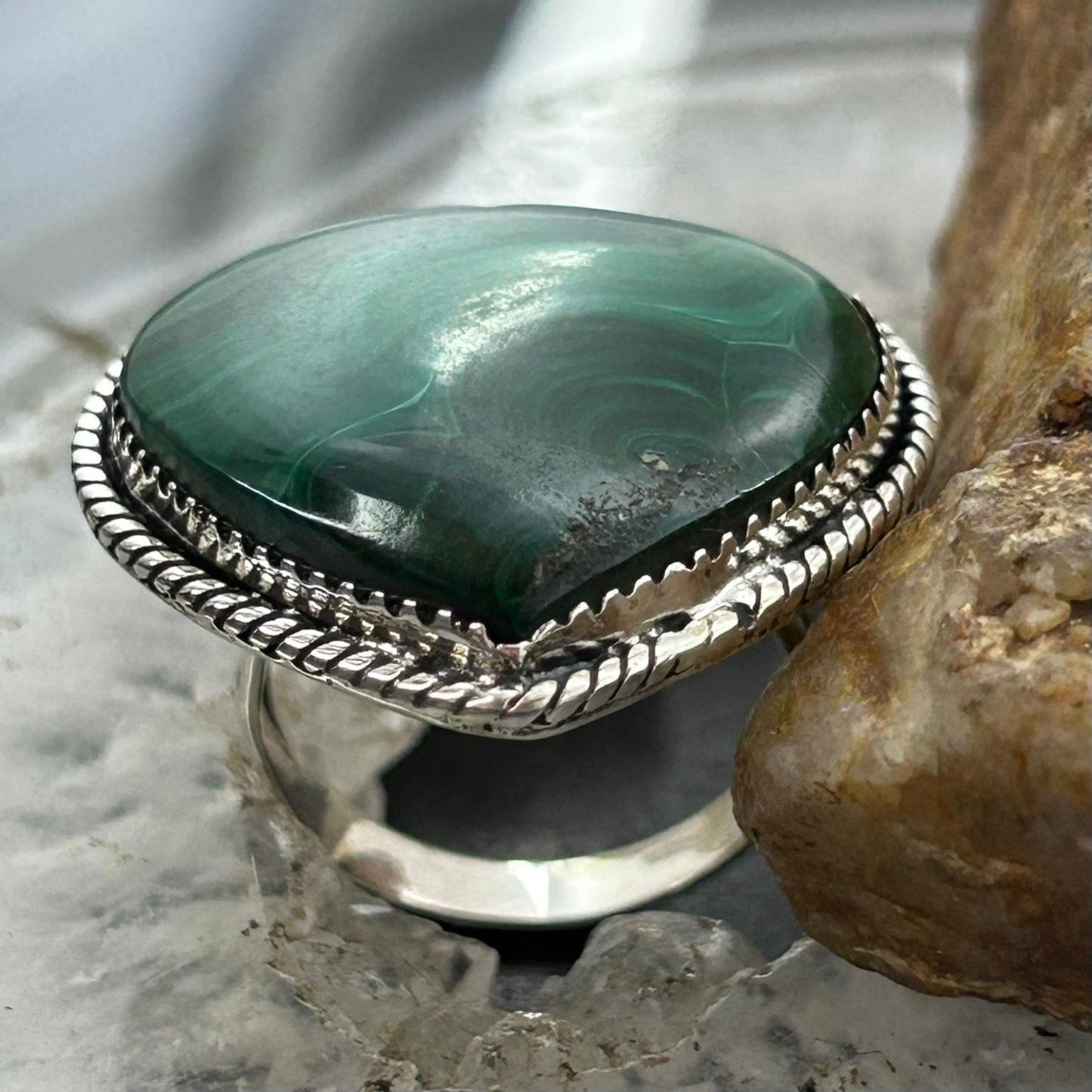 Sterling Silver Southwestern Style Malachite Heart Shape Ring Size 8 For Women