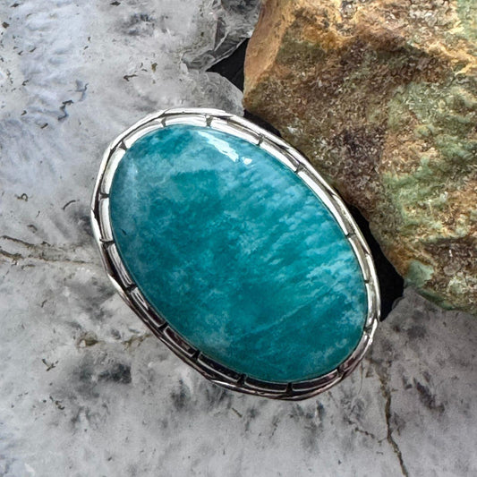 Sterling Silver Southwestern Style Oval Amazonite Decorated Ring Size 9.5 For Women