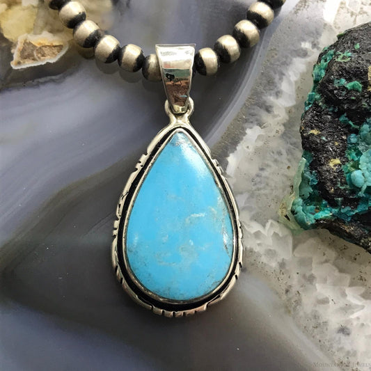 Native American Sterling Silver Teardrop Turquoise #8 Pendant For Women