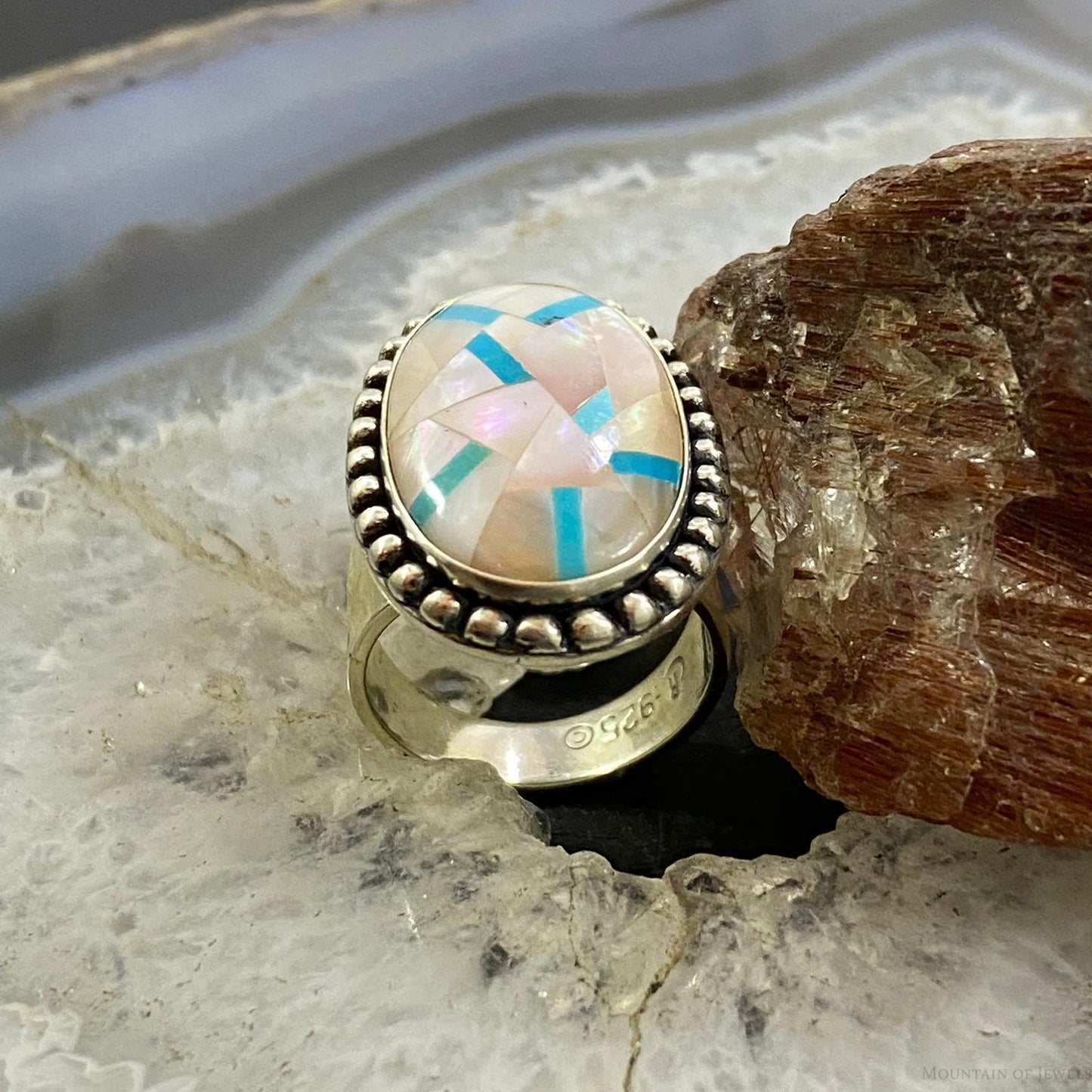 Carolyn Pollack Southwestern Style Sterling Oval MOP & Turquoise Inlay Ring For Women Sz Variety