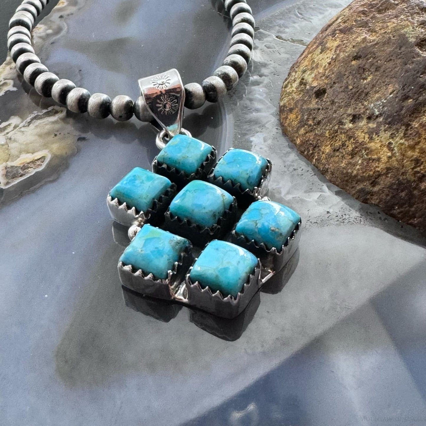 Sterling Silver Southwestern Style 7 SquareTurquoise Pendant For Women