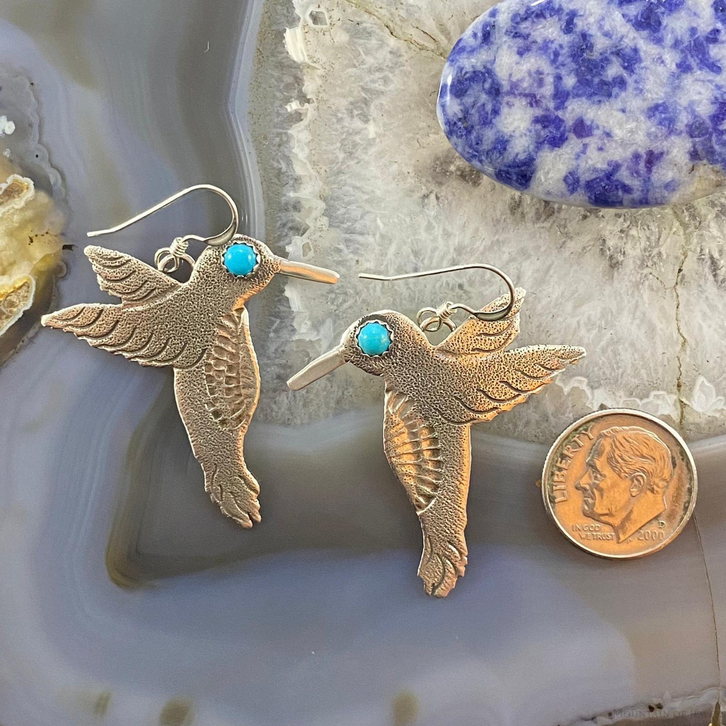Brad Panteah Native American Sterling Turquoise Hummingbird Dangle Earrings