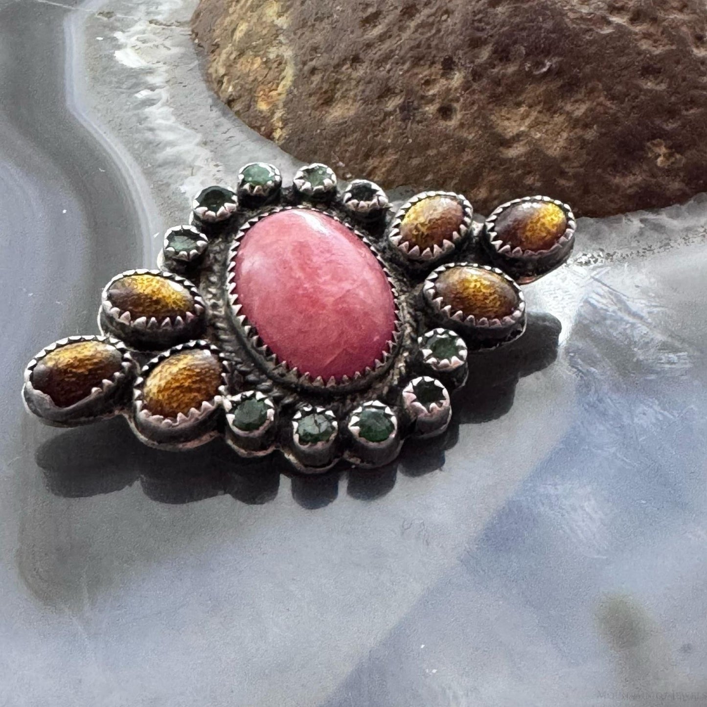 Ron Wesley Vintage Sterling Silver Southwestern Multi Gemstones Brooch For Women